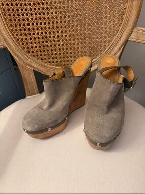 Gray Suede Wedge Clogs with Studded Wood Platform
